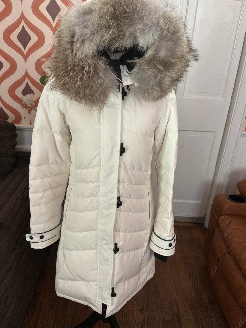 Women’s Cream Long Puffer Coat with Fur-Trim Hood